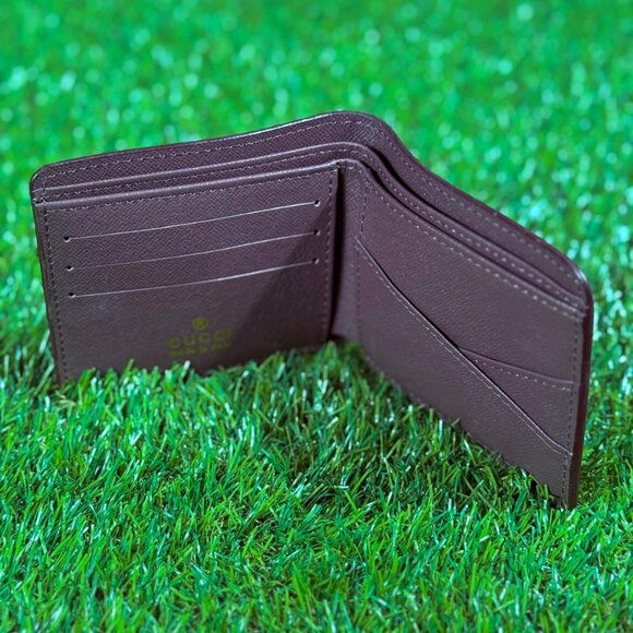 Gucci Web Bi-Fold Wallet In Beige Canvas and Brown Leather Trim - Picture 3 of 5